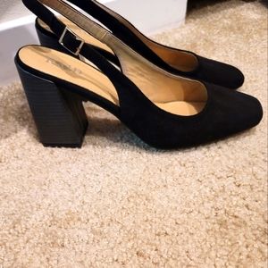 NWT ASOS BLK FAUX SUADE SLING BK BLOCK HEEL PUMPS SIZE 9